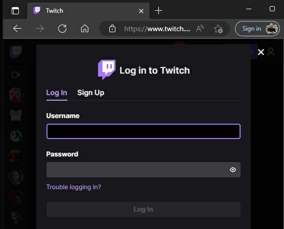 Twitch log in page screenshot